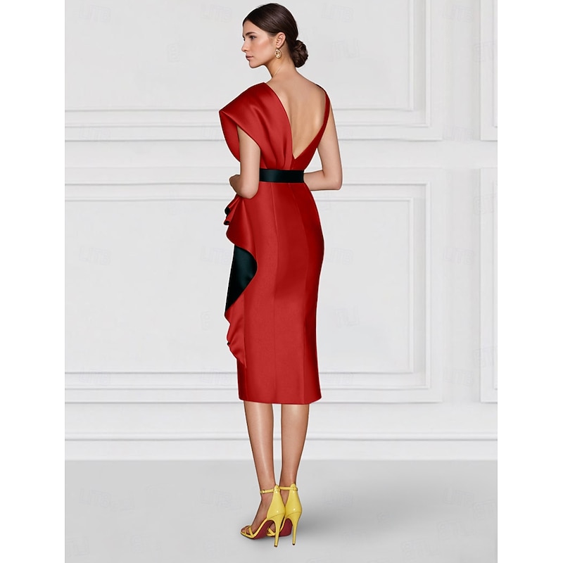 Sheath Mother of the Bride Evening Gown Elegant Dress Formal Wedding Knee Length Short Sleeve V Neck Belt / Sash Satin with Embroidery Appliques Dresses2