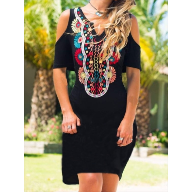 Women's Mini Dress Petite Dress Casual Dress Boho Dress Vintage Ethnic Casual Daily Regular Fit Floral Butterfly Short Sleeve Notched Neck Black Wine Blue Summer Spring Fall