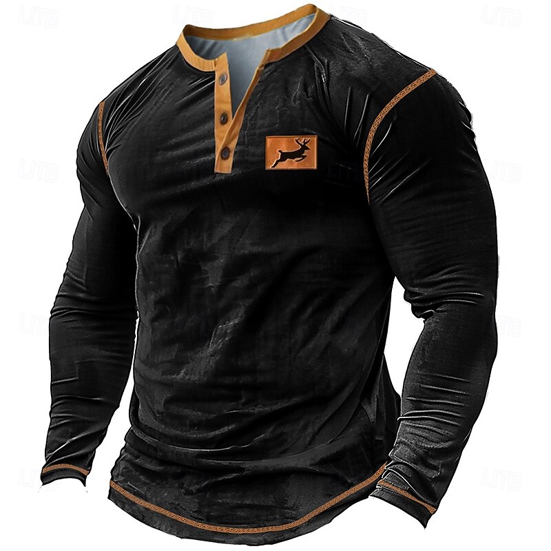 Men's Animal Deer Henley Shirt Long Sleeve T shirt 3D Print Henley Shirt Retro Vintage Cowboy Casual Daily Holiday Black Dark Blue Summer Spring Fall Clothing Apparel Normal S M L XL XXL XXXL
