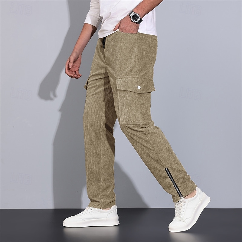 Men's Cargo Pants Corduroy Pants Trousers Elastic Waist Multi Pocket Zip Leg Plain Wearable Outdoor Daily Camping & Hiking Fashion Classic Black Army Green