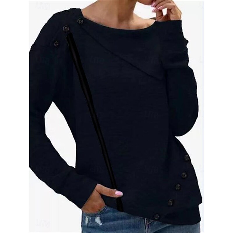 Women's Shirt Blouse Solid Color Basic Casual Long Sleeve Crew Neck Regular Tops Daily Zipper Buttons Black Red Gray Fall Winter3