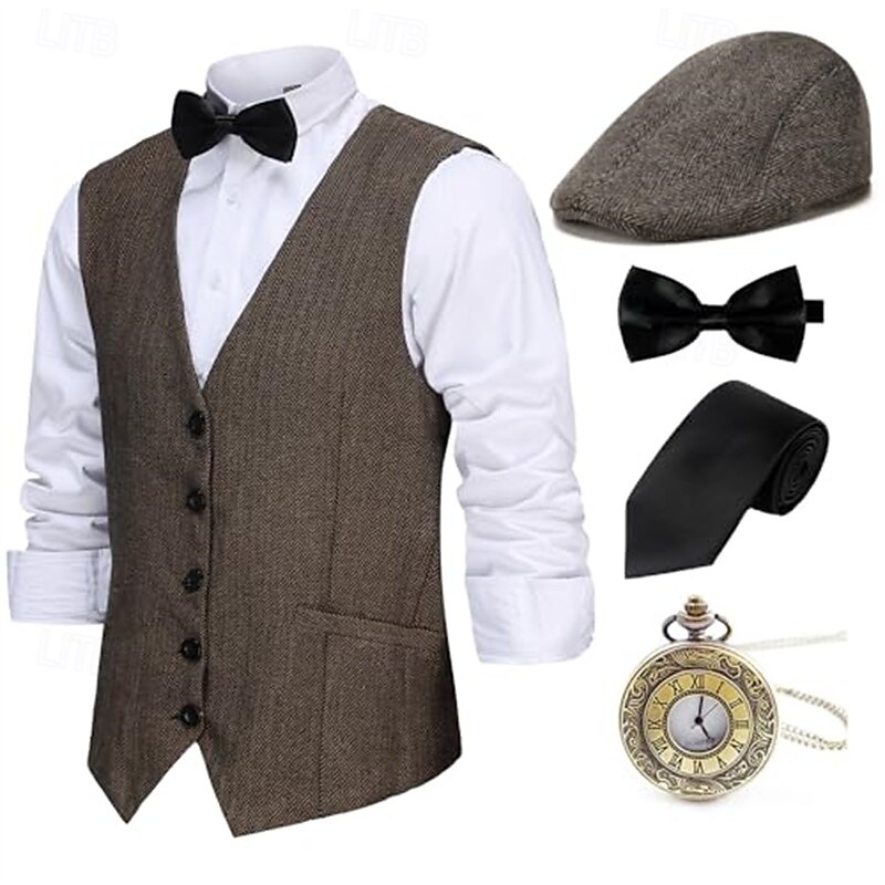 Retro Vintage Roaring 20s 1920s Outfits Waistcoat Accessories Set Gentleman Gangster Fancy Dress Men's Carnival Costume 5 PCS Christmas Halloween Carnival Masquerade Cocktail Party Theme Party Adults'2