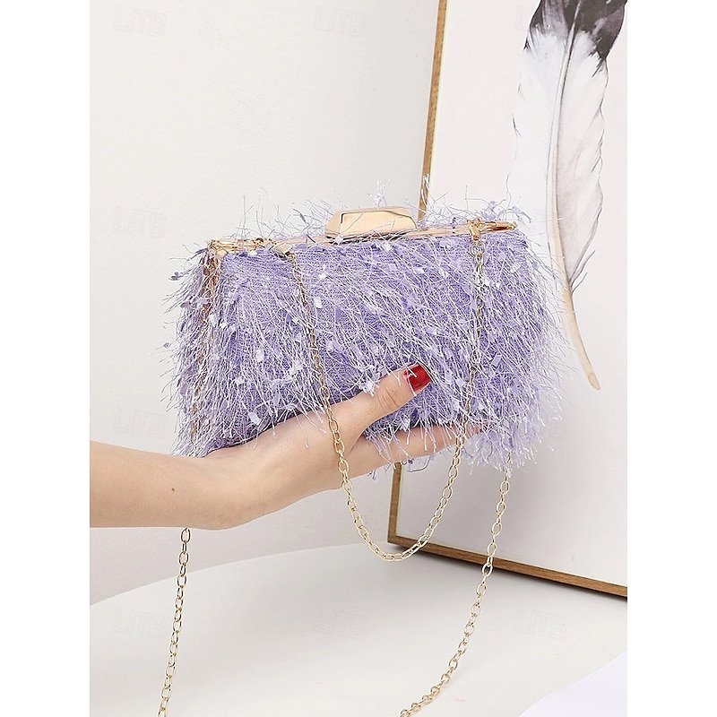 Women's Chic Feathered Evening Clutch with Chain Strap, Elegant Purple Party Purse for Weddings, Proms, and Special Events3