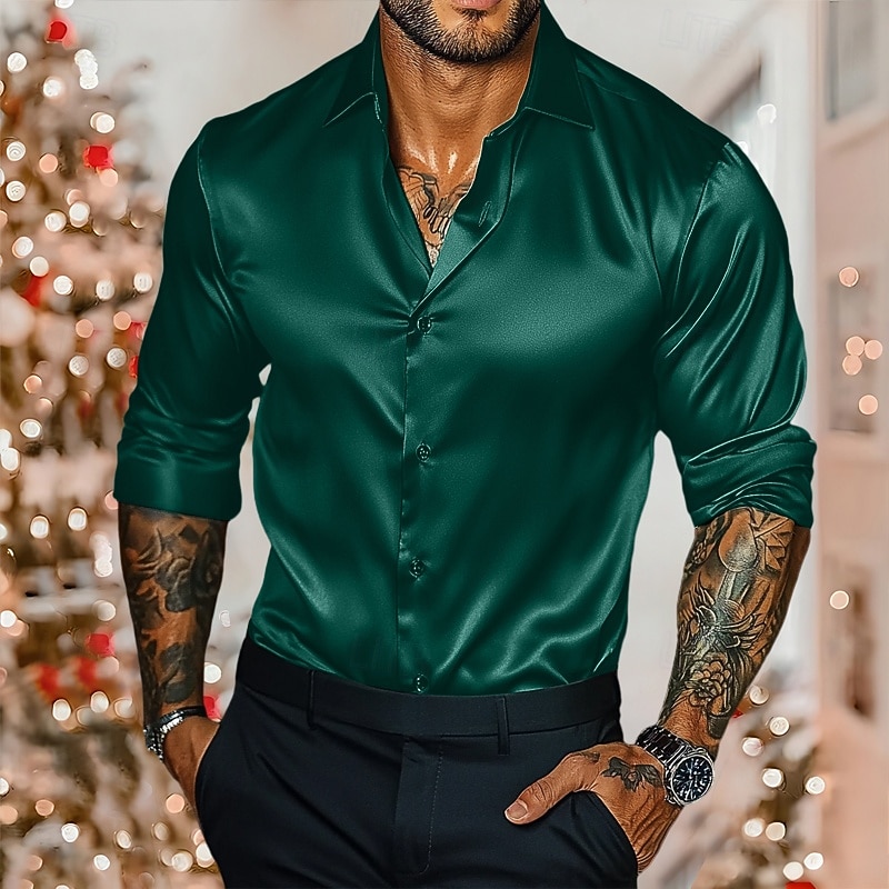 Men's Shirt Satin Shirt Casual Shirt Button Up Shirt Plain Wedding Vacation Light Blue Black White Burgundy Long Sleeve Collar Winter Spring &  Fall Clothing Apparel3