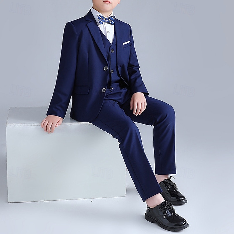 4 Pieces Ring Bearer Suit Boys Kids Suit Formal Suit Shirt & Pants Formal Party Valentines Fashion Cool Solid Color Pocket Black Navy Blue Polyester