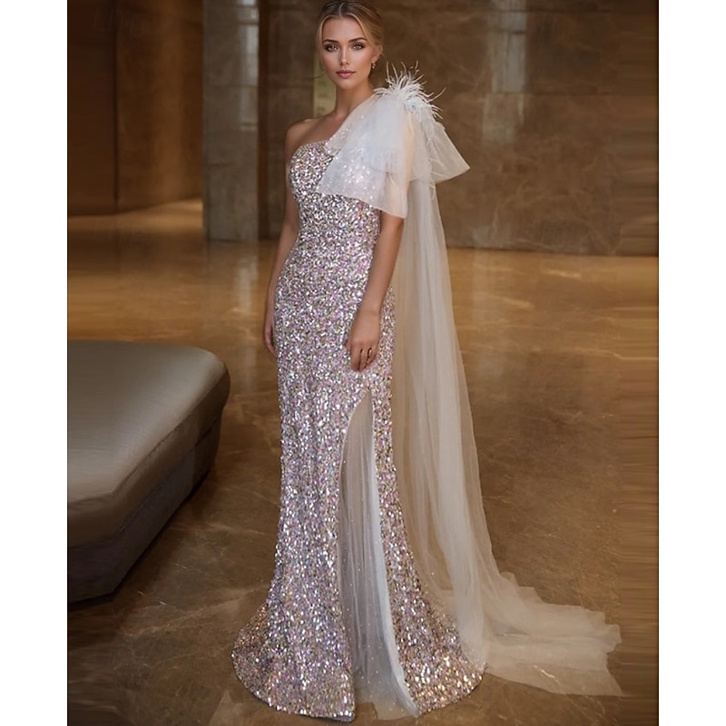 Mermaid / Trumpet Prom Dresses Elegant Dress Formal Wedding Sweep / Brush Train Sleeveless One Shoulder Tulle with Feather Glitter2
