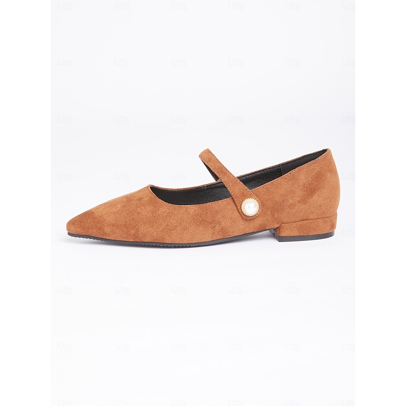 Women's Brown Suede Mary Jane Flats with Pearl Button Accent – Vintage-Inspired Low-Heel Shoes for Casual or Formal Wear2