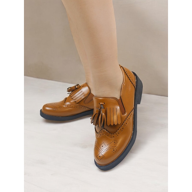 Women's Brown Loafers with Brogue Detailing, Fringe, and Tassel Accents – Classic Vintage-Inspired Footwear for Casual and Office Wear 7