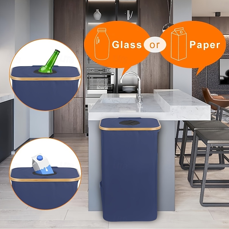 Eco-Friendly Storage and Recycling Bin with Inner Liner, Foldable Space-Saving Design, Durable Metal Frame, Elegant Bamboo Trim, Multipurpose Organizer for Bottles, Laundry Basket, Trash Can, Suitable for Kitchen, Bedroom, Living Room, Dorm, and Hotel Use