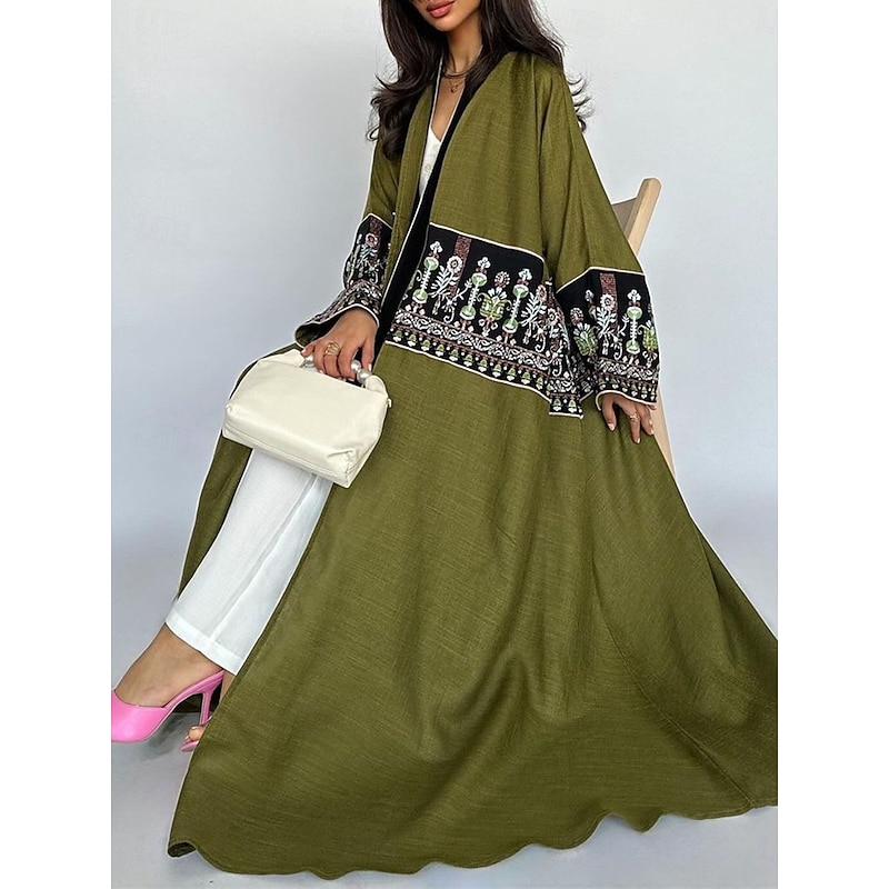 Women's Casual Jacket Daily Wear Summer Spring Fall Maxi Coat Regular Fit Breathable Artistic / Retro Casual Jacket Long Sleeve Floral Embroidered Black Green3
