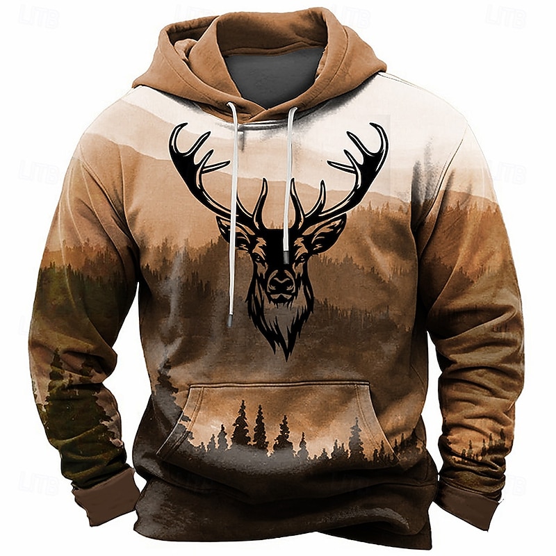 Men's Deer Hoodies Daily Casual Long Sleeve Hooded Vacation Hunting Streetwear Brown Dark Blue Print Front Pocket Spring &  Fall Designer4