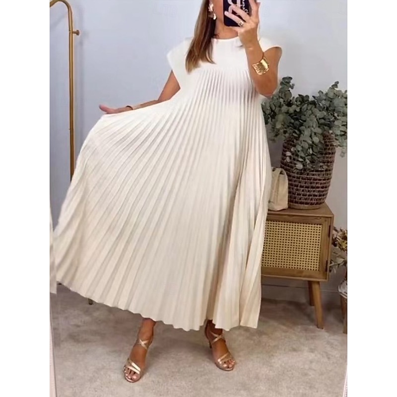 Women's Maxi Dress Casual Dress Solid Color Fashion Streetwear Party Office Daily Pleated Sleeveless Crew Neck Dress Regular Fit Black Yellow Beige Summer S M L XL XXL2