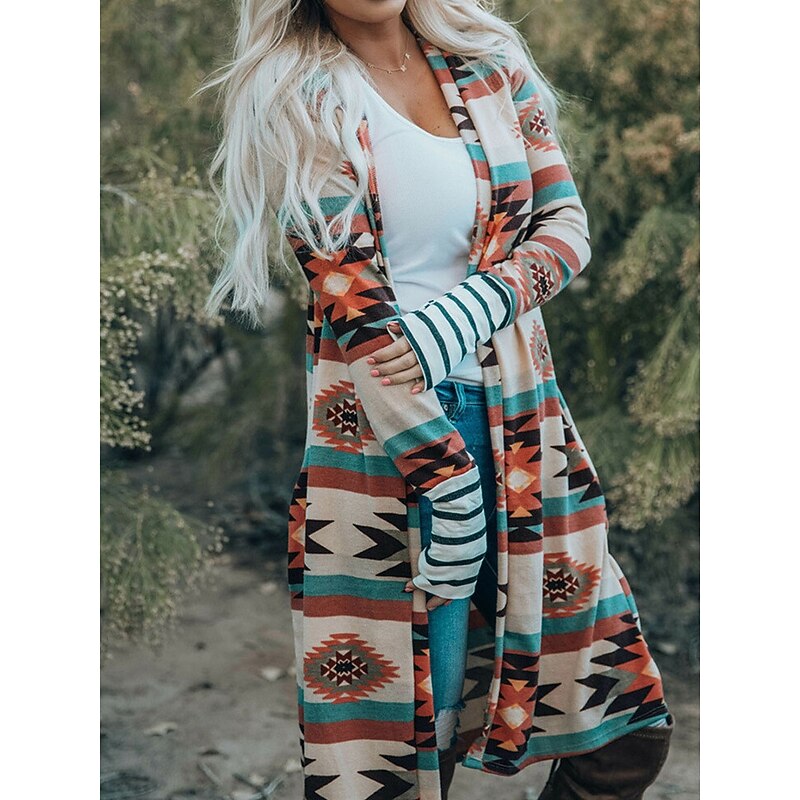 Women's Casual Jacket Outdoor Street Daily Wear Fall Long Coat Regular Fit Thermal Warm Breathable Stylish Casual Jacket Long Sleeve Geometric Print Pink Brown Rainbow3