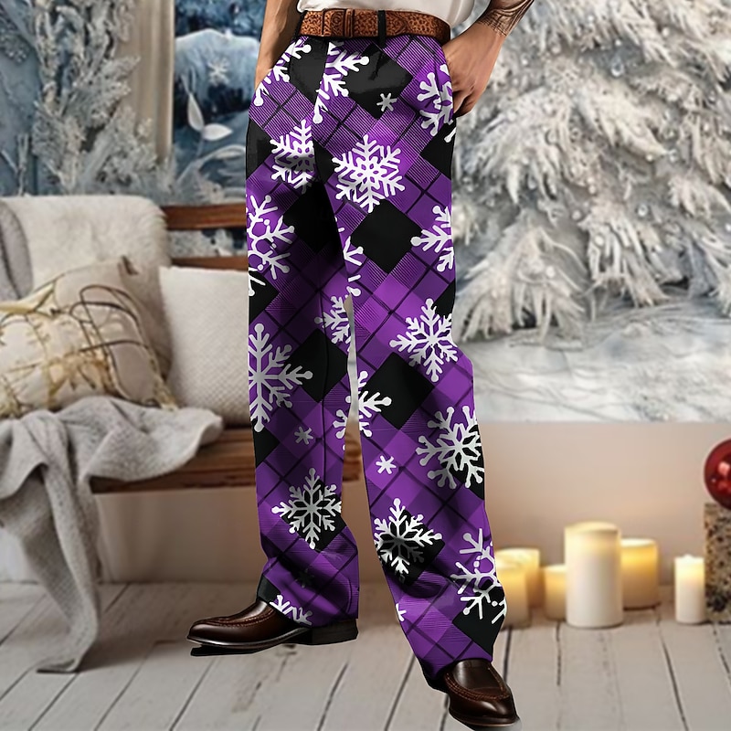 Christmas Men's Plaid Snowflake Dress Pants Mid Waist Fashion Casual Party Outdoor Home Zipper Pocket Straight Leg Trousers Summer Spring Fall 3D Print Red Blue Purple2
