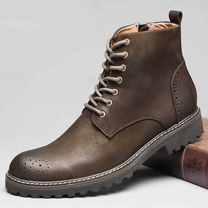 Men's Brown Faux Leather Lace-Up Ankle Boots with Brogue Detail and Rugged Sole – Classic and Durable Outdoor Style