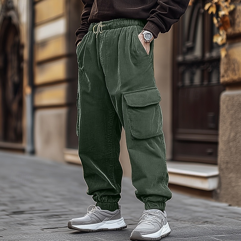 Men's Cargo Pants Corduroy Pants Trousers Jogger Pants Drawstring Elastic Waist Multi Pocket Plain Comfort Warm Full Length Outdoor Casual Daily Fashion Streetwear Black Blue2