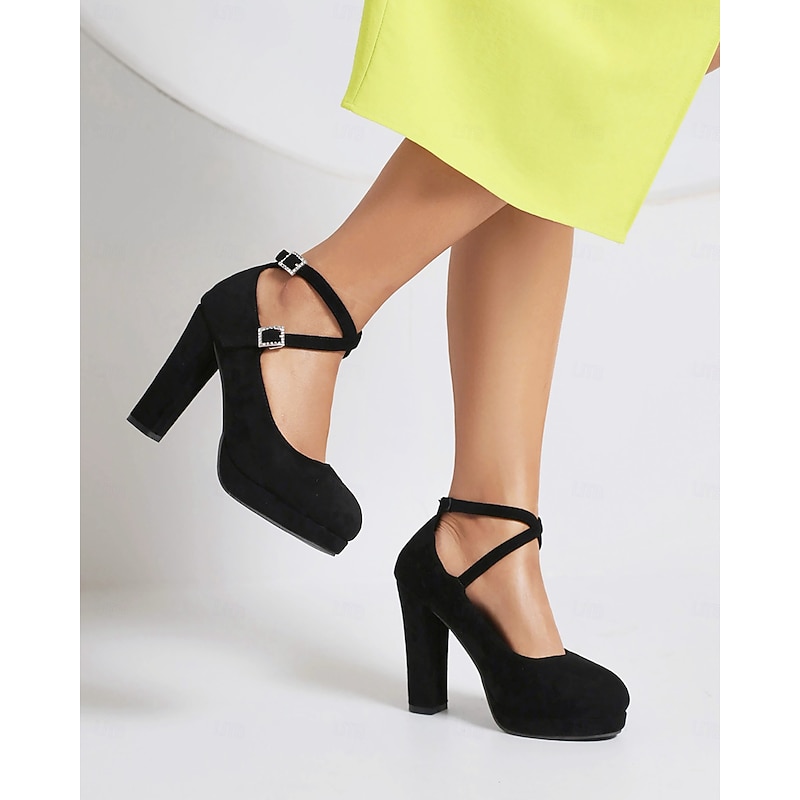 Women's Platform Faux Suede Mary Jane Pumps - Chunky High Heel Shoes with Rhinestone Buckle for Formal Events 8