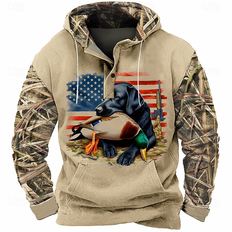 Men's Dog American US Flag Duck Hoodie Sweatshirt Cowboy Casual Long Sleeve Hooded Sports Outdoor Streetwear Light Brown Brown Pocket 3D Print Fall Winter Designer