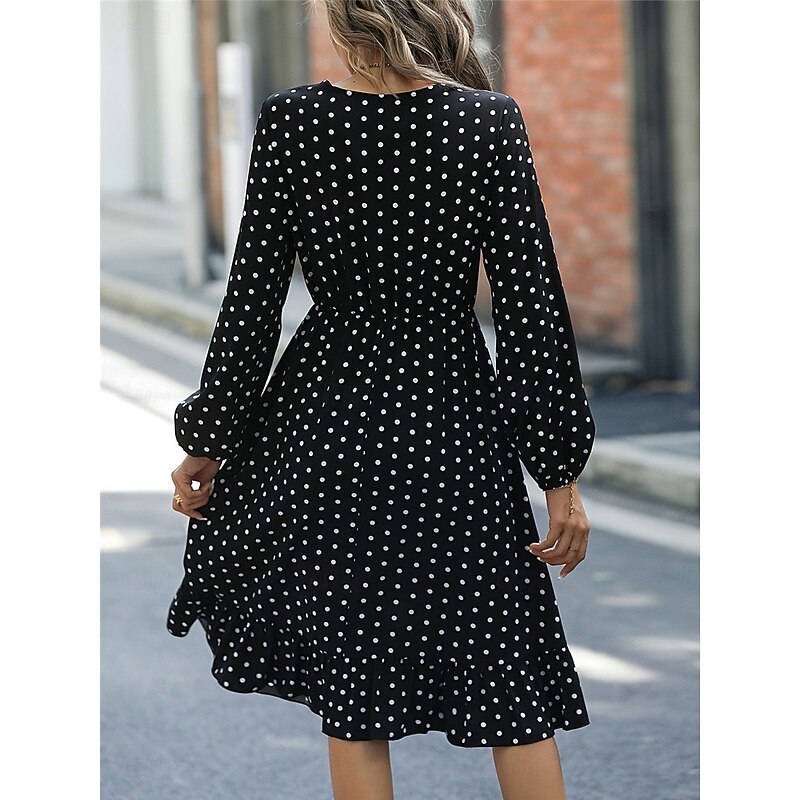 Women's Polka Dot V Neck Midi Dress Long Sleeve Spring Fall2