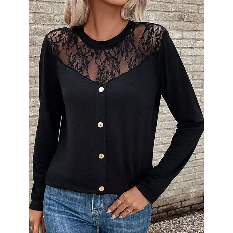 Women's Elegant Lace Tops Eyelet Sexy Blouse Casual Solid Color Regular Tops Long Sleeve Crew Neck Lace Patchwork Buttons Regular Fit Daily Black Romantic Petite Tops Summer Holiday Wear Evening Tops2