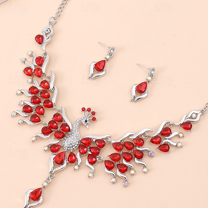 Elegant Red Crystal Peacock Necklace and Earrings Set for Women – Statement Bridal Jewelry, Unique Silver-Tone Design for Weddings and Special Occasions