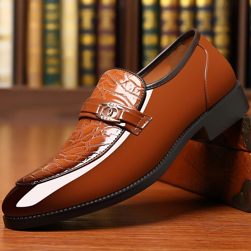 Men's Brown Patent Faux Leather Loafers – Crocodile Pattern Slip-On Dress Shoes with Metal Decoration for Formal and Business Attire
