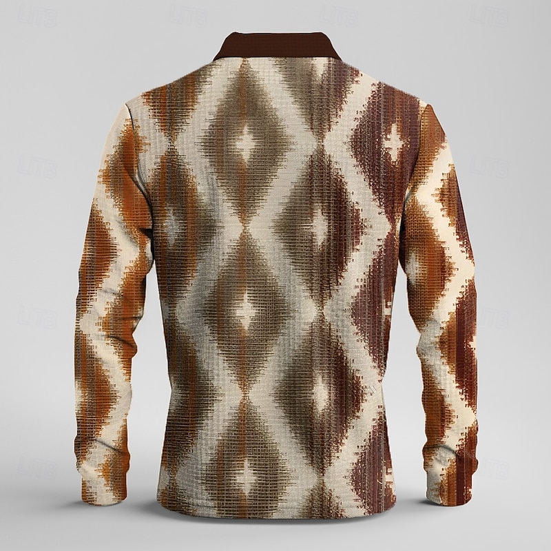 Men's Plaid Waffle Polo Shirts Long Sleeve Polo Shirts Collar Vintage Casual Outdoor Vacation Dailywear Buttons Spring Fall Winter Brown2