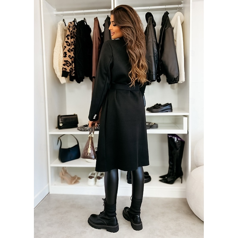 Women's Coat Warm Comfortable Buttons With Belt Elegant Solid Color Casual Daily Double Breasted Lapel Regular Fit Long Sleeve Outerwear Black Red Apricot Winter4