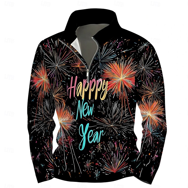 New Year Men's Graphic Happy New Year Hoodies Daily Casual Long Sleeve Stand Collar Vacation Going out Streetwear Black Print Winter Spring &  Fall Designer2