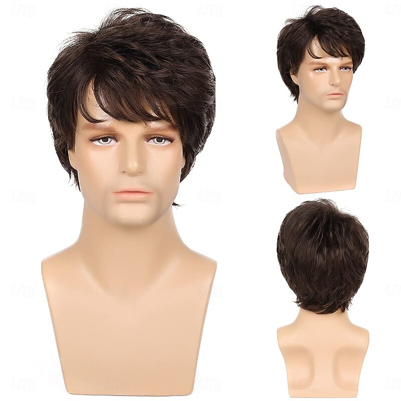 Mens Short Brown Wig Short Layered Wig Natural Fluffy Synthetic Cosplay Costume Wig for Men2