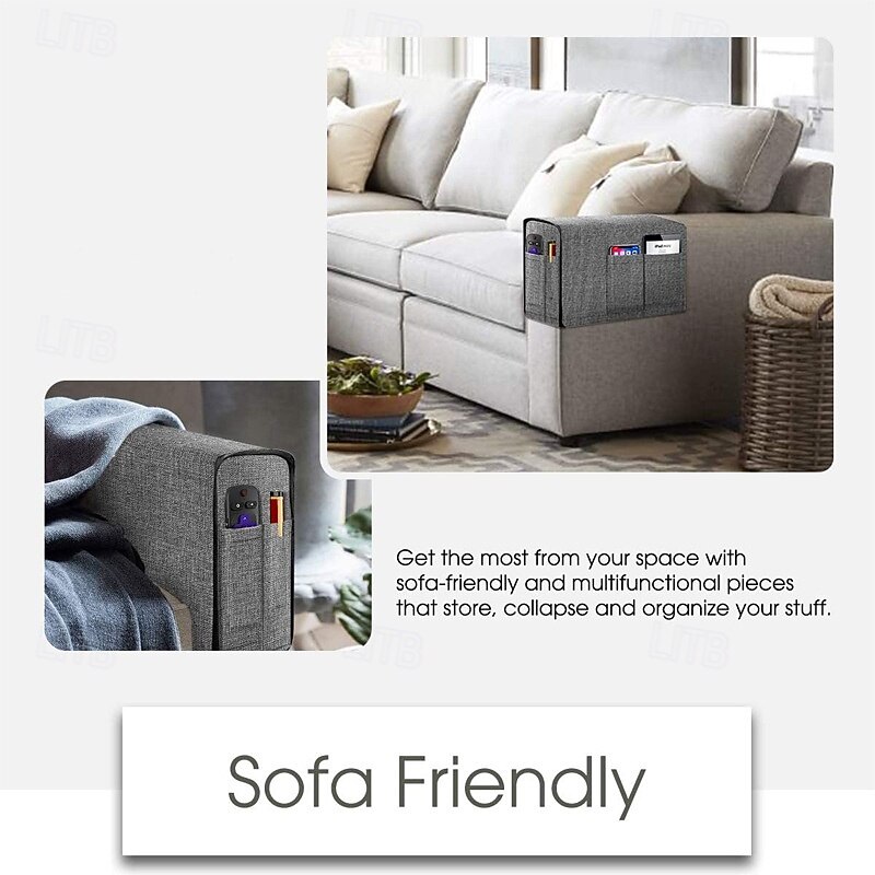 Recliner Narrow Linen Armrest Covers for Living Room Anti-Slip Sofa Arm Protector for Dogs, Cats, Pets Armchair Slipcover for Couch with 4 Pockets for TV Remote Control, Phone, Set of 22