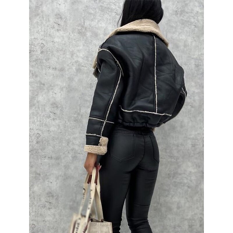 Women's Faux Leather Jacket Fleece Jacket Teddy Coat Warm Breathable Zipper Pocket Fleece Lined Casual Plain Vacation Street Daily Wear Going out Zipper Short Turndown Regular Fit Long Sleeve2