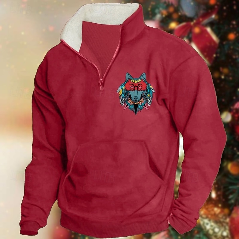 Men's Sweatshirt Pullover Hoodie Sweatshirt Quarter Zip Sweatshirt Black Army Green Red Navy Blue Khaki Half Zip Graphic Print Print Quarter Zip Christmas Daily Holiday Other Prints Polyester