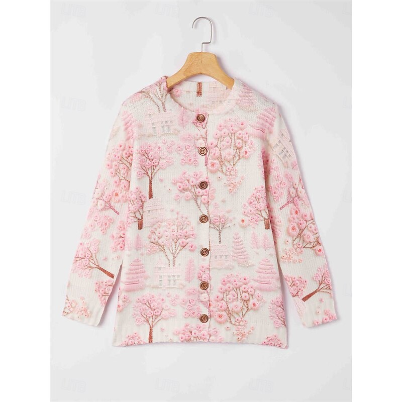 Women's Cardigan Sweater Knitted Ribbed Button Front Round Neck Long Sleeve Lightweight female Daily Graphic Animal Crew Neck Print Regular Tops Knit Weekend Pink Fall Winter3