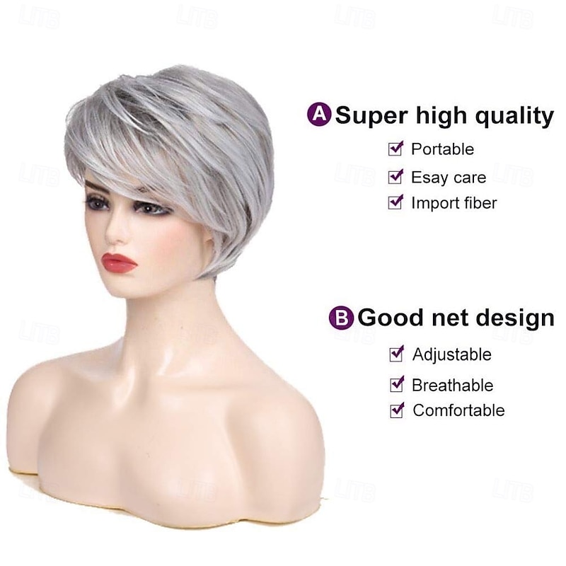 Short Grey Wigs for White Women Short Cut Layer Sliver Gray Wigs with Bangs Synthetic Hair Replacement Wigs3