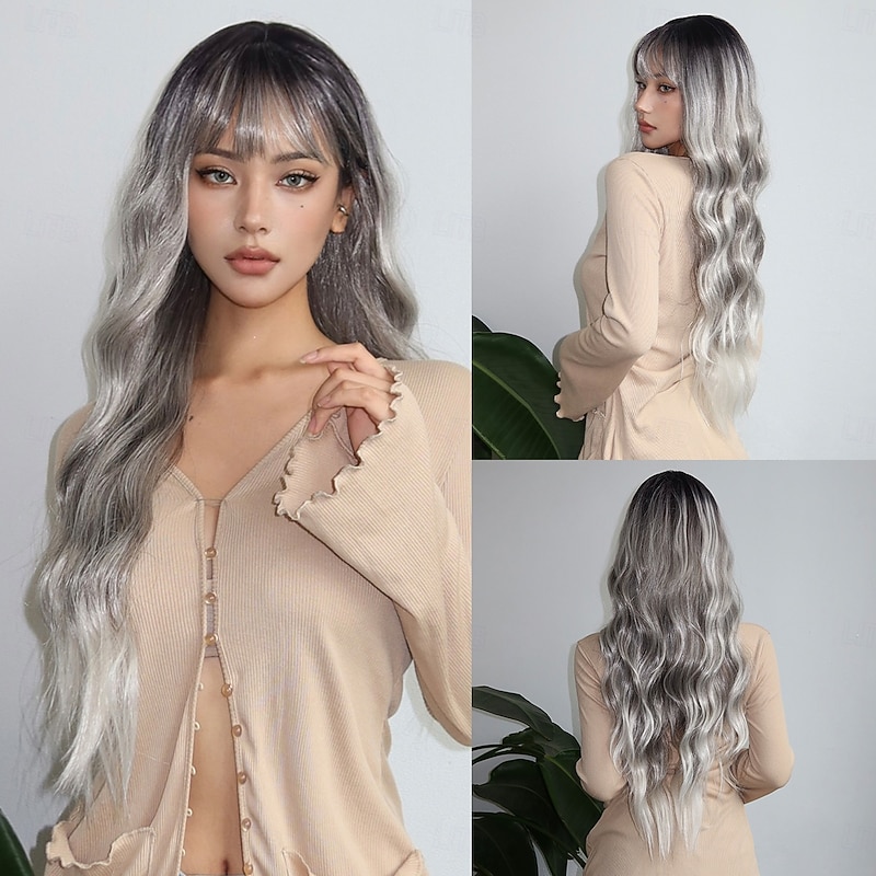 Synthetic Wig Wavy Bouncy Curl Middle Part Neat Bang Wig 28 inch Silver grey Synthetic Hair Women's Middle Part Cool Adorable Gray
