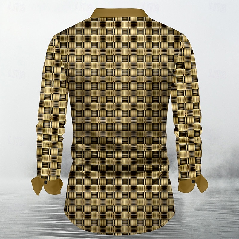 Men's Plaid Satin Shirt Dress Shirt Button Up Shirt Long Sleeve Fashion Casual Vacation Party Evening Wear Dailywear Summer Spring Fall Collared Shirts 3D Print Gold2