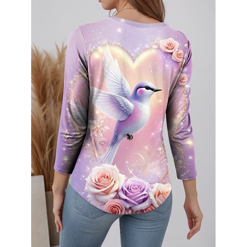 Valentine Women's Rose T Shirt Cute Bird Tee Regular Tops Print Regular Fit Daily Weekend Pink Fall Winter Prefall2