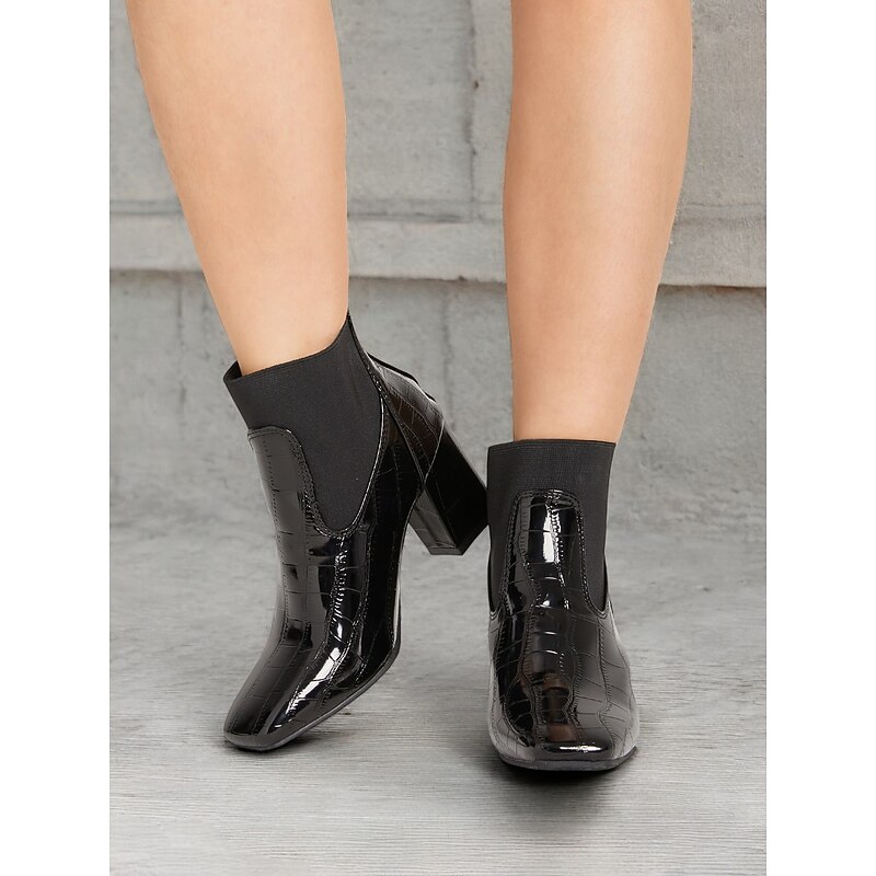Women's Black Patent Crocodile Pattern Block Heel Ankle Boots – Stylish Formal Footwear for Parties and Office Wear3