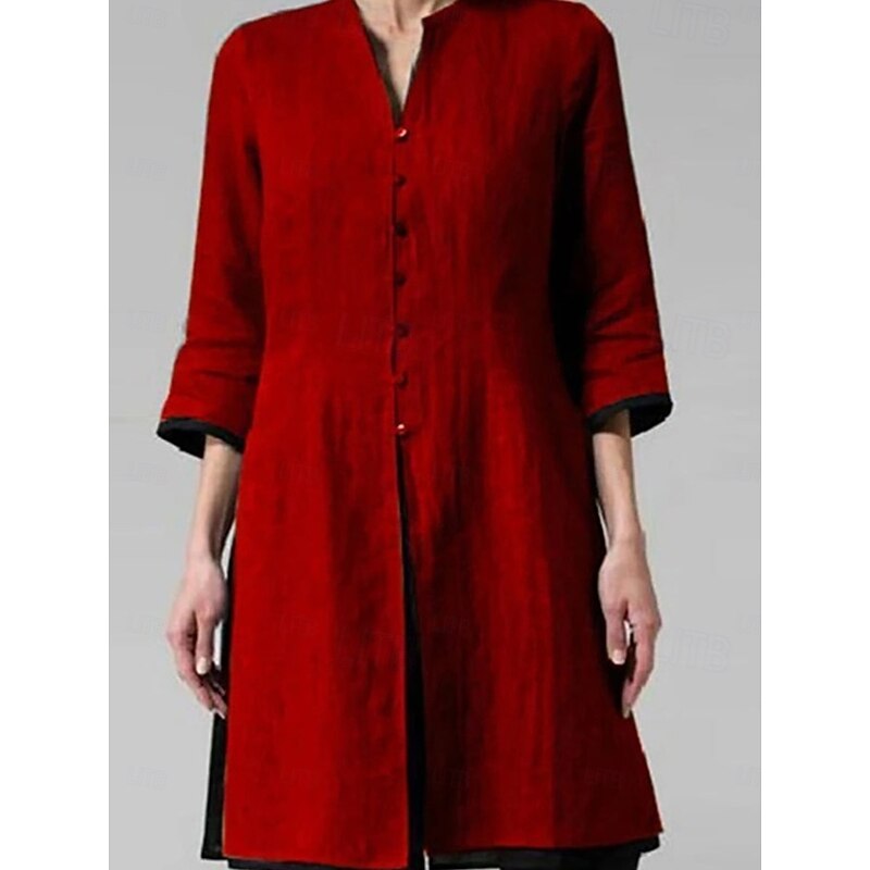 Women's Shirt Linen-Inspired Shirts Button Up Vintage 3/4 Length Sleeve V Neck White Red Gray Spring &  Fall2