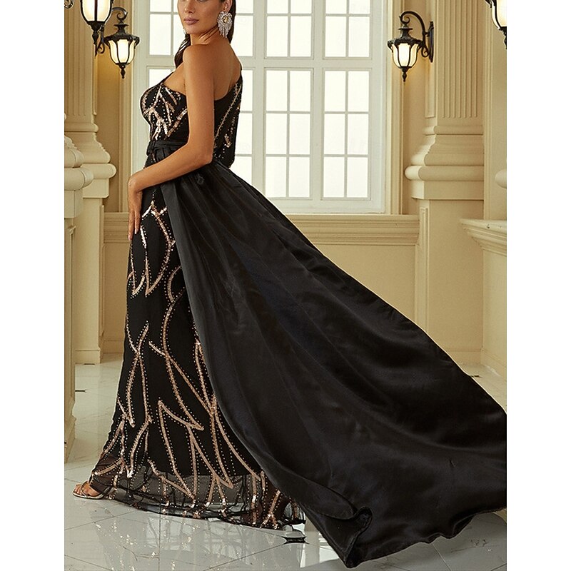 A-Line Evening Gown Elegant Dress Formal Chapel Train Long Sleeve One Shoulder Nylon with Glitter4