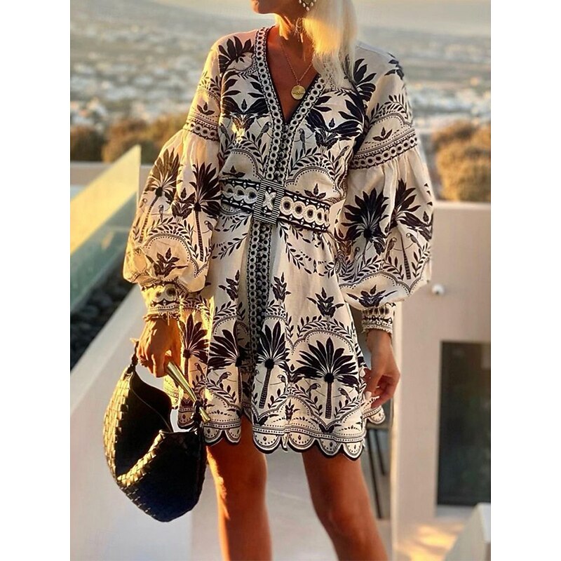 Women's Floral V Neck Mini Dress Long Sleeve Summer Spring