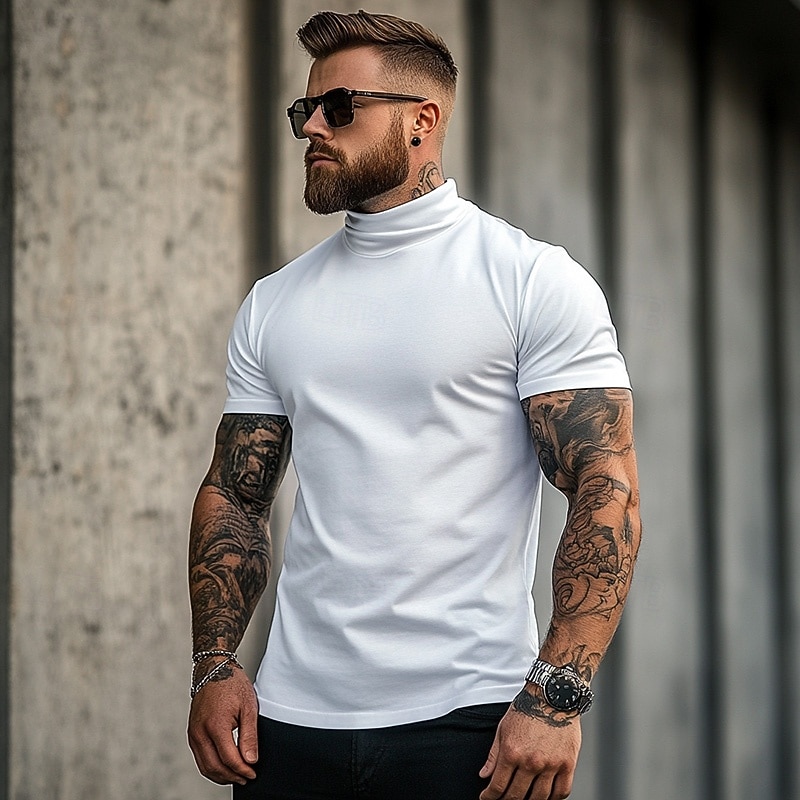 Men's T Shirt Turtleneck shirt Short Sleeve Stand Collar Summer Spring Plain Fashion Casual Comfortable Classic Style Vacation Street Holiday Black White Gray Top Tee for Men4