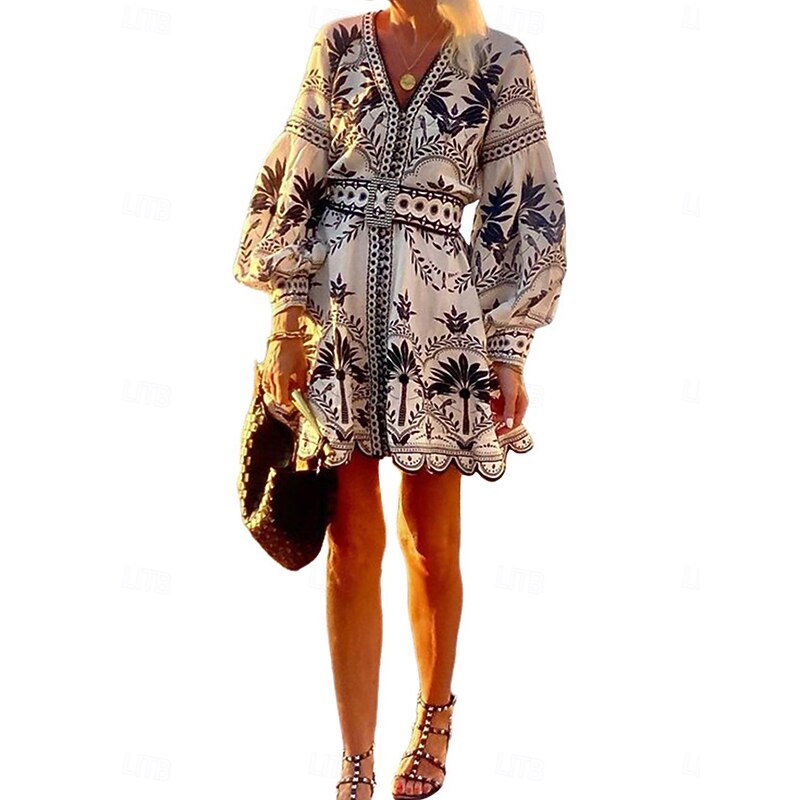 Women's Floral Graphic V Neck Midi Dress Long Sleeve Spring Fall4