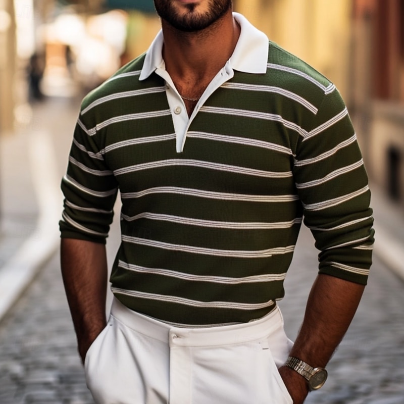 Men's Color Block Stripes Rugby Polo Shirts Long Sleeve Polo Shirts Lapel Classic Fashion 3D Print Modern Casual Sports Stripe Fall Winter Green
