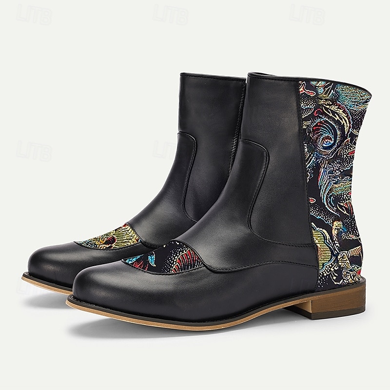 Men's Vintage Elegance Black Embroidered Jacquard Fabric and Faux Leather Ankle Boots for Formal and Casual Wear2