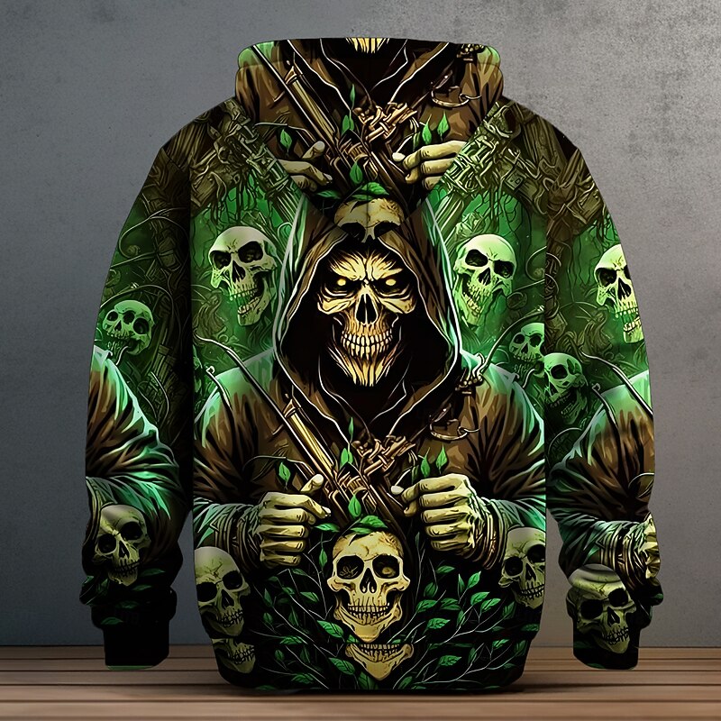 Men's Grim Reaper Dark Hoodies Sweatshirt Fashion Cool Long Sleeve Crew Neck Party Holiday Streetwear Green Drawstring Fall Winter Designer3
