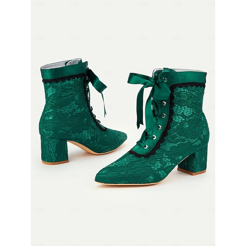 Women's Green Victorian Lace-Up Boots with Floral Lace Overlay and Ribbon Tie – Vintage Style for Special Occasions4