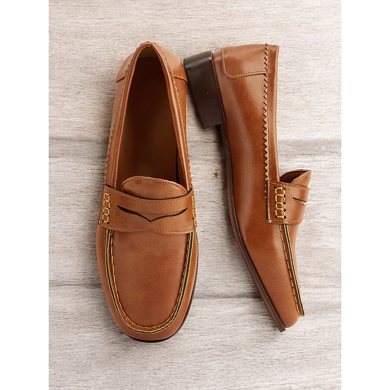 Women's Classic Brown Faux Leather Loafers – Comfortable Slip-On Driving Shoes with Hand-Stitched Detailing for Casual and Formal Wear