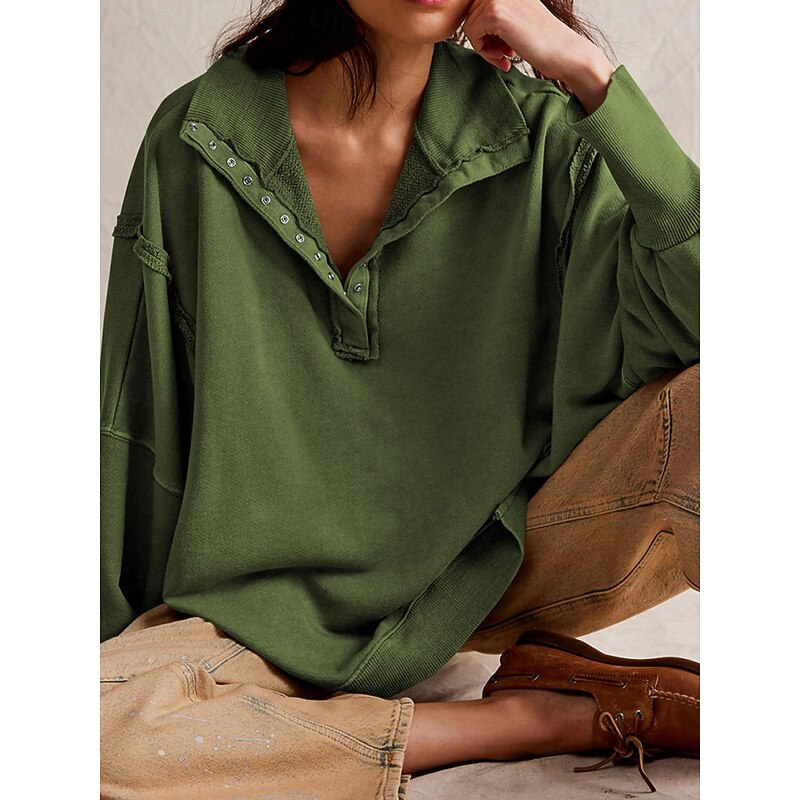 Women's Sweatshirt Casual Plain Street Dailywear V Neck Buttons Long Sleeve White Fuchsia Green Fall Winter